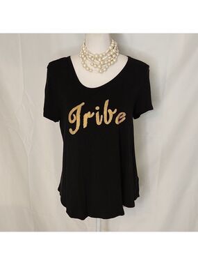 Tribe t-shirt Merona short sleeve black gold lettering boatneck M maternity hilo